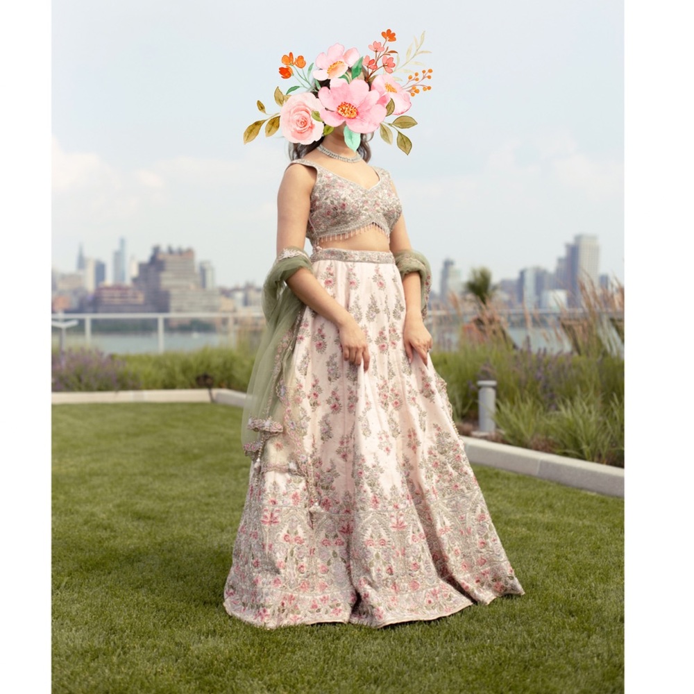 4-piece Pink and Green Indian Lehenga